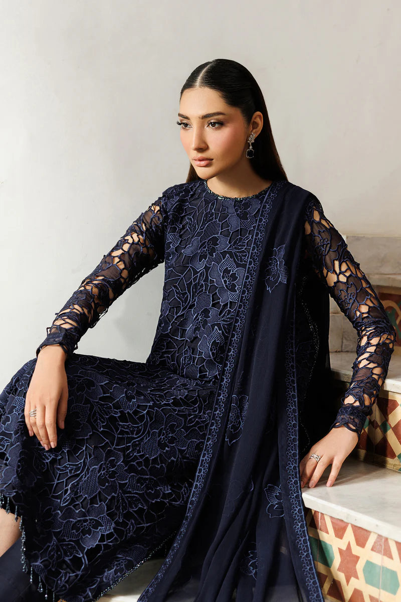Embroidered Chiffon 3-Piece Suit | Dyed Raw Silk Trouser & Dupatta