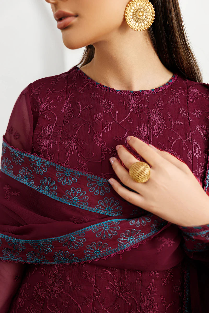 Embroidered Chiffon 3-Piece Suit | Dyed Raw Silk Trouser & Dupatta