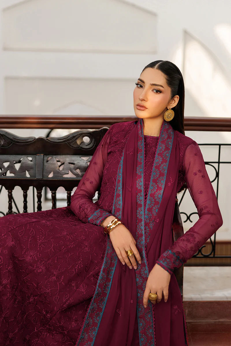 Embroidered Chiffon 3-Piece Suit | Dyed Raw Silk Trouser & Dupatta