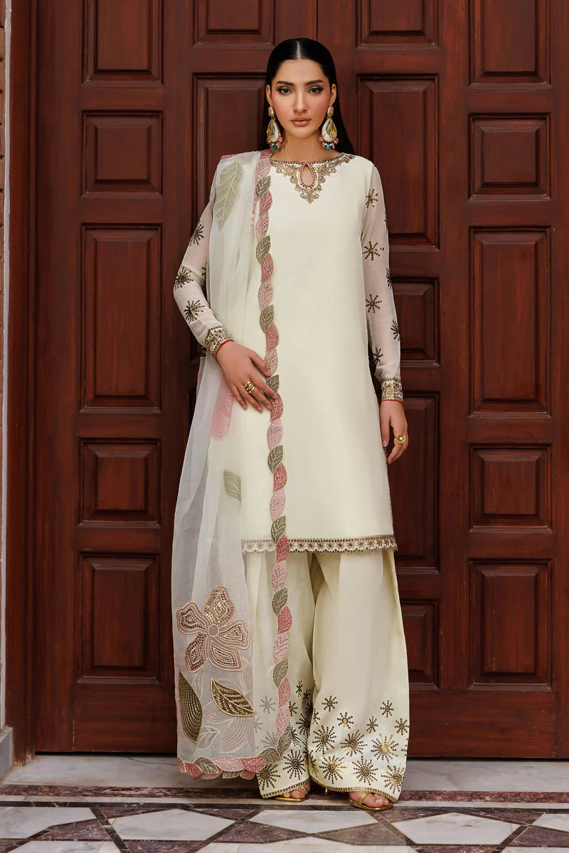 Plain Chiffon Suit | Embroidered Sleeves, Organza Dupatta & Raw Silk Trouser