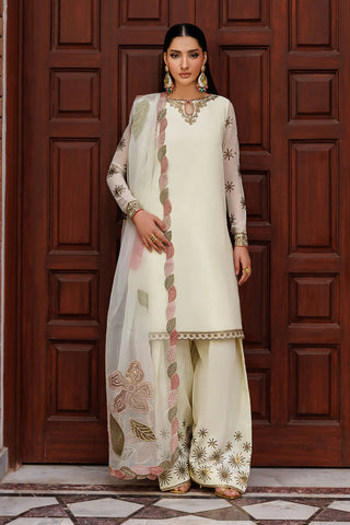 Plain Chiffon Suit | Embroidered Sleeves, Organza Dupatta & Raw Silk Trouser