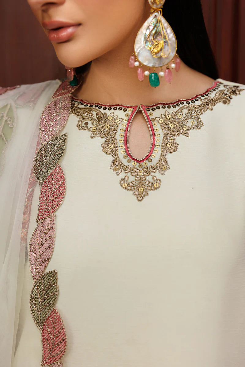 Plain Chiffon Suit | Embroidered Sleeves, Organza Dupatta & Raw Silk Trouser