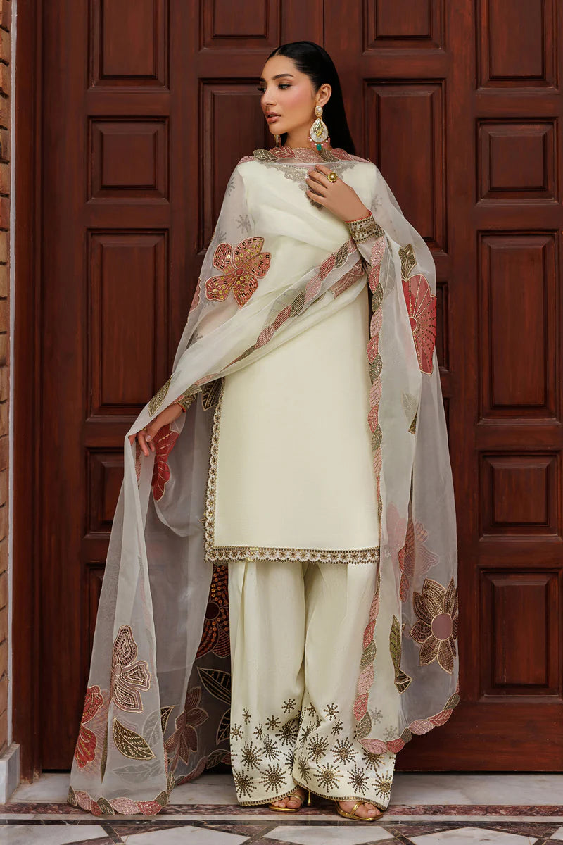 Plain Chiffon Suit | Embroidered Sleeves, Organza Dupatta & Raw Silk Trouser