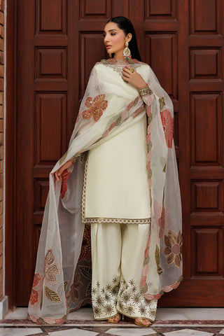 Plain Chiffon Suit | Embroidered Sleeves, Organza Dupatta & Raw Silk Trouser