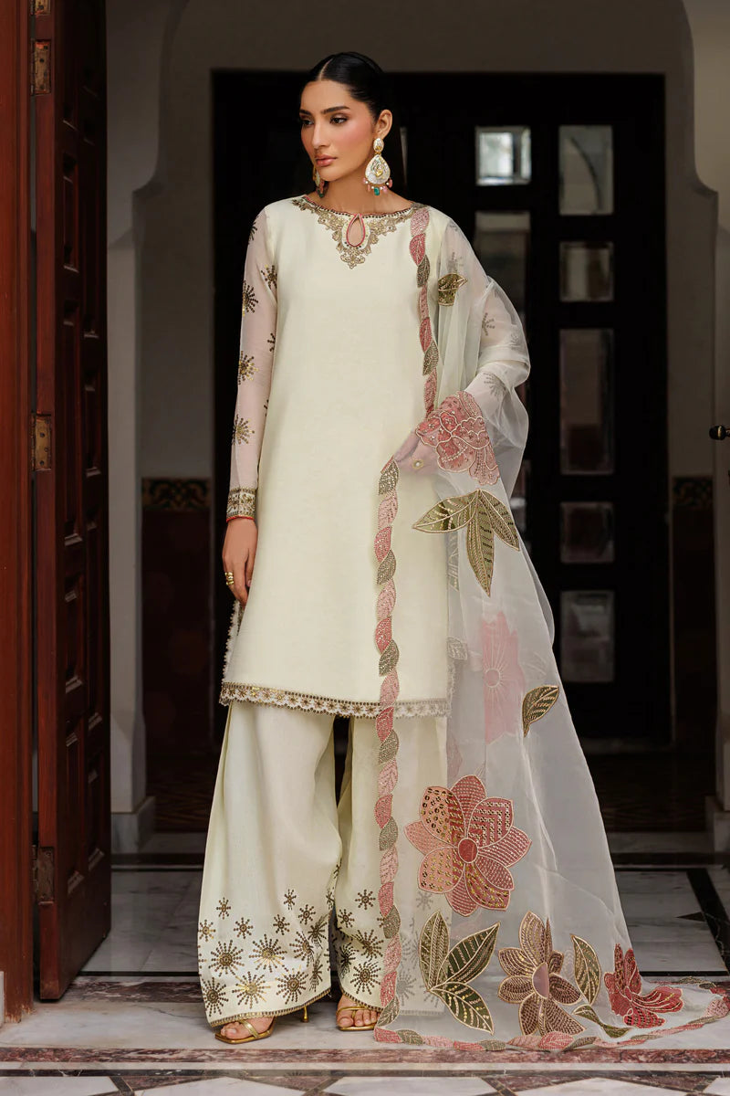 Plain Chiffon Suit | Embroidered Sleeves, Organza Dupatta & Raw Silk Trouser