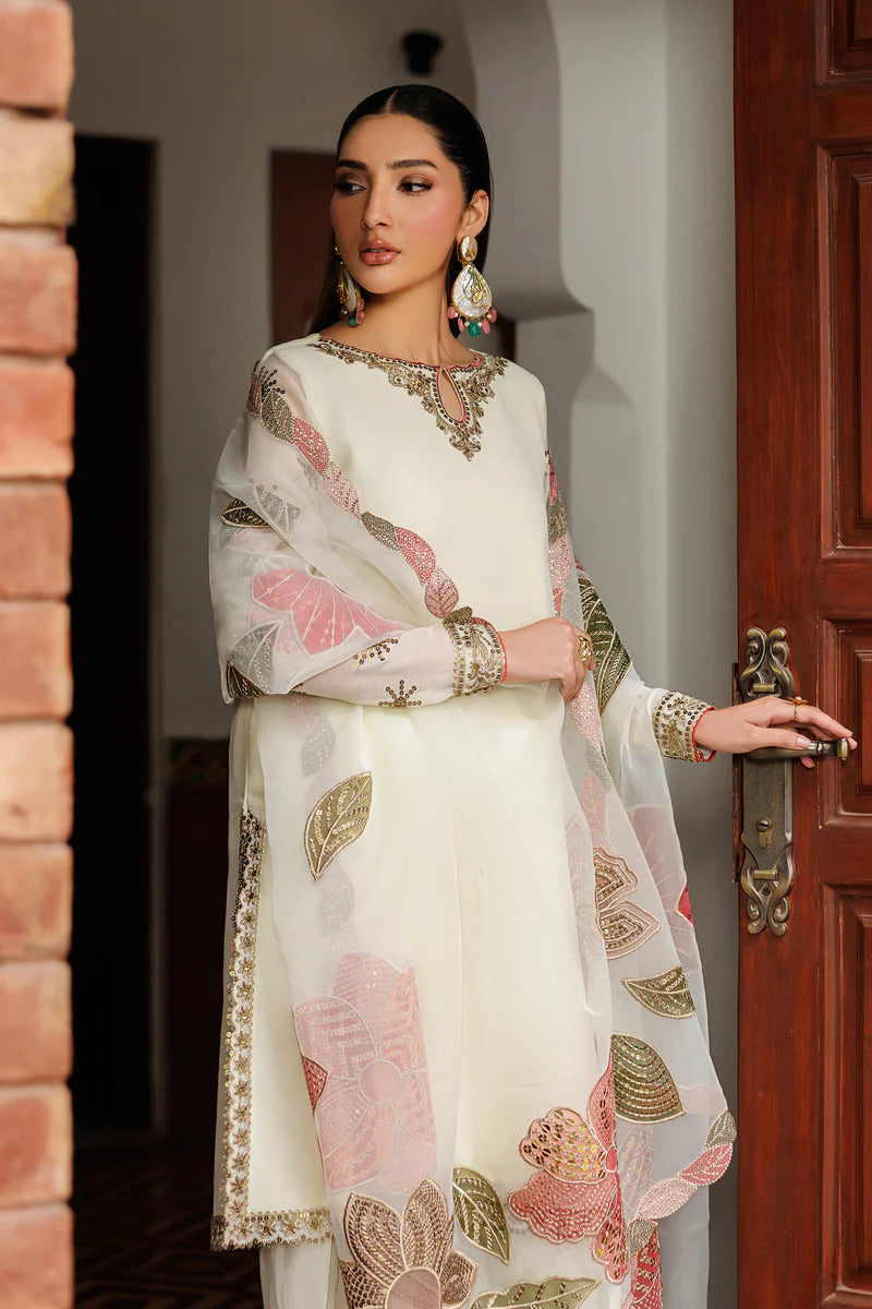 Plain Chiffon Suit | Embroidered Sleeves, Organza Dupatta & Raw Silk Trouser