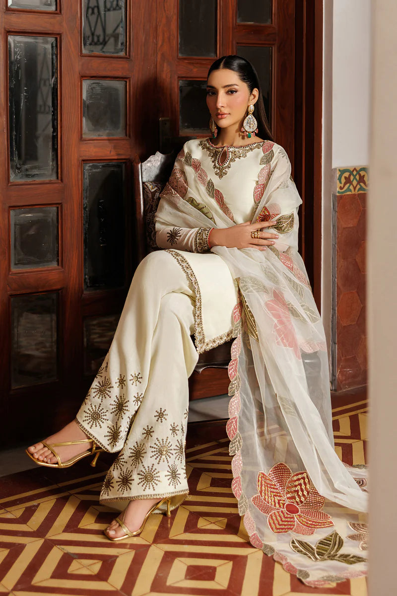 Plain Chiffon Suit | Embroidered Sleeves, Organza Dupatta & Raw Silk Trouser
