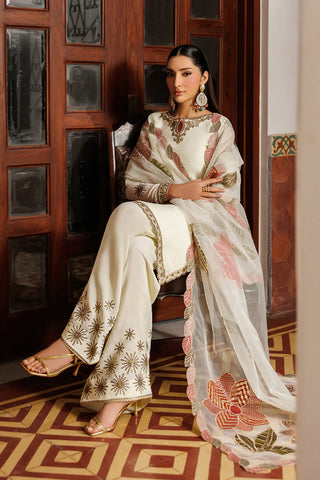 Plain Chiffon Suit | Embroidered Sleeves, Organza Dupatta & Raw Silk Trouser