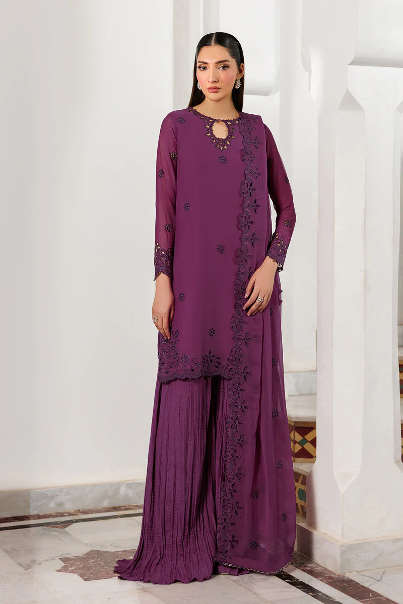 Bori Embroidered Chiffon 3-Piece Suit with Dyed Raw Silk Trouser, Embroidered Dupatta, Neckline & Sleeves Lace