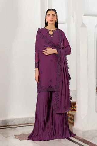 Bori Embroidered Chiffon 3-Piece Suit with Dyed Raw Silk Trouser, Embroidered Dupatta, Neckline & Sleeves Lace