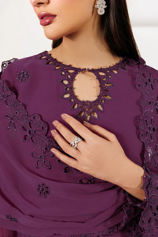 Bori Embroidered Chiffon 3-Piece Suit with Dyed Raw Silk Trouser, Embroidered Dupatta, Neckline & Sleeves Lace