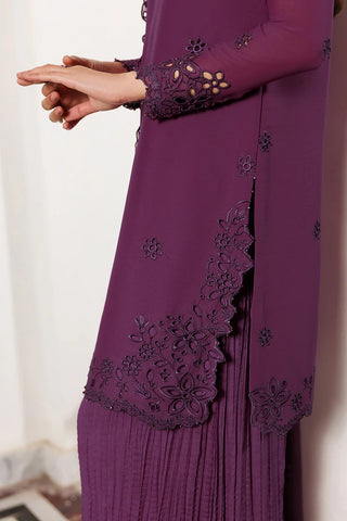 Bori Embroidered Chiffon 3-Piece Suit with Dyed Raw Silk Trouser, Embroidered Dupatta, Neckline & Sleeves Lace