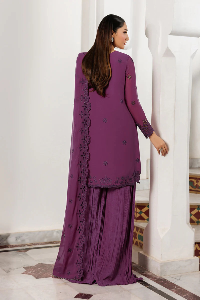 Bori Embroidered Chiffon 3-Piece Suit with Dyed Raw Silk Trouser, Embroidered Dupatta, Neckline & Sleeves Lace
