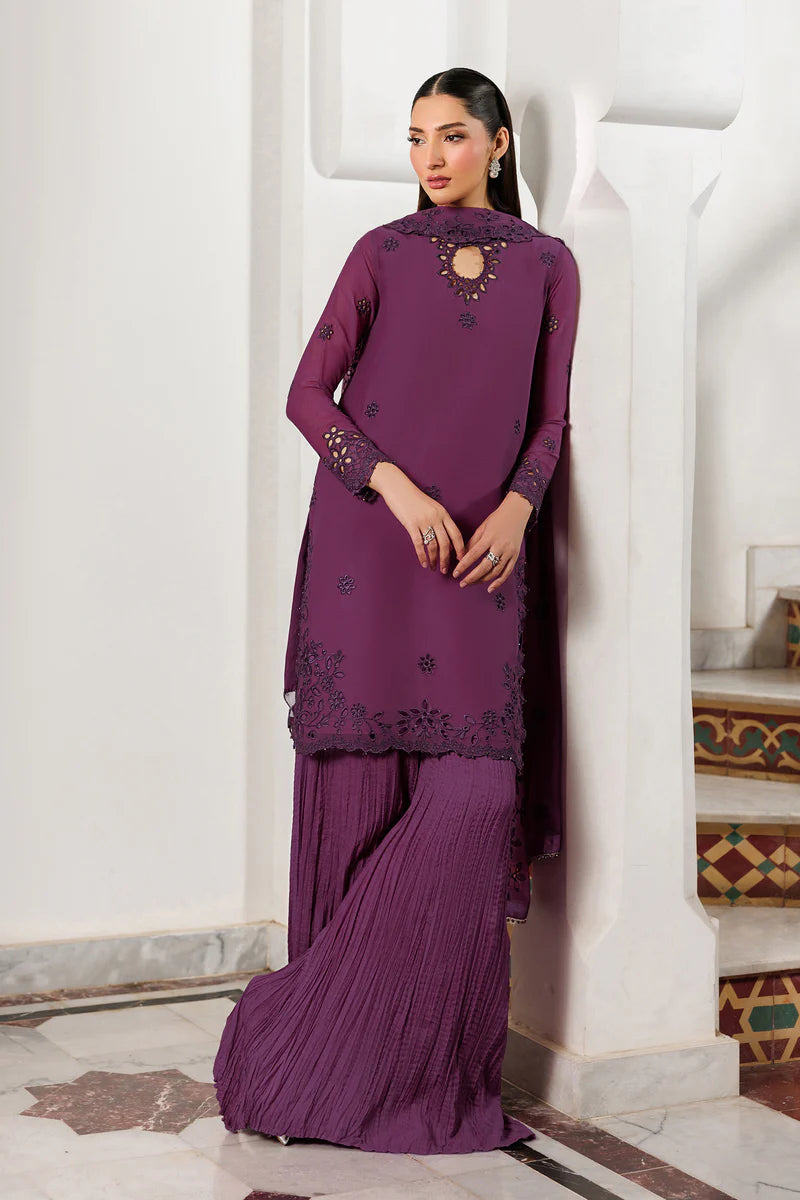 Bori Embroidered Chiffon 3-Piece Suit with Dyed Raw Silk Trouser, Embroidered Dupatta, Neckline & Sleeves Lace