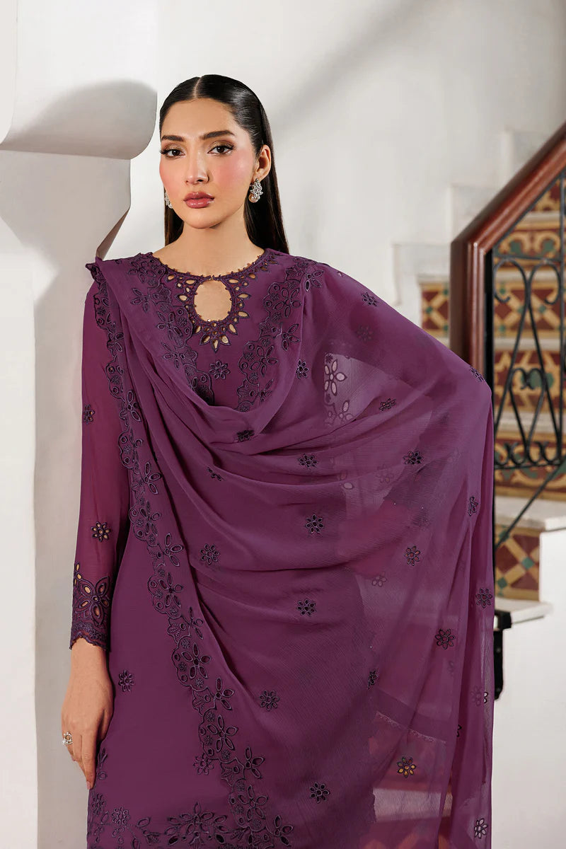 Bori Embroidered Chiffon 3-Piece Suit with Dyed Raw Silk Trouser, Embroidered Dupatta, Neckline & Sleeves Lace