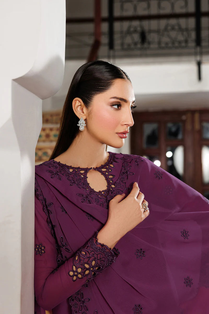Bori Embroidered Chiffon 3-Piece Suit with Dyed Raw Silk Trouser, Embroidered Dupatta, Neckline & Sleeves Lace