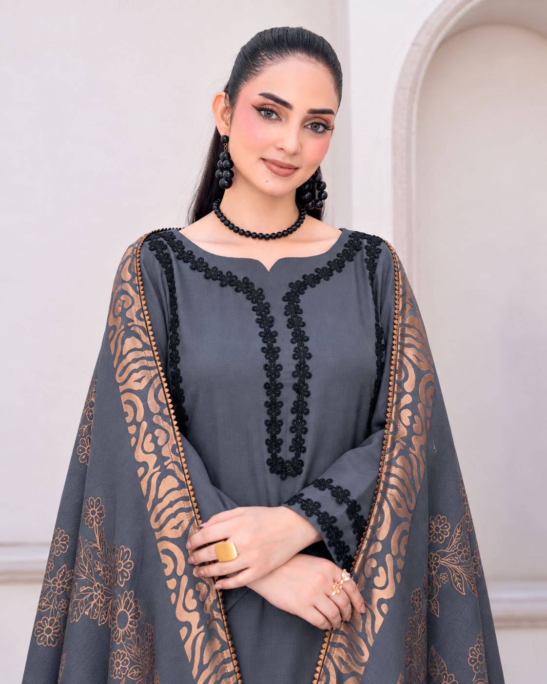Riaz Arts Deedar Wool Touch Peach Suit with Banarsi Jacquard Wool Shawl