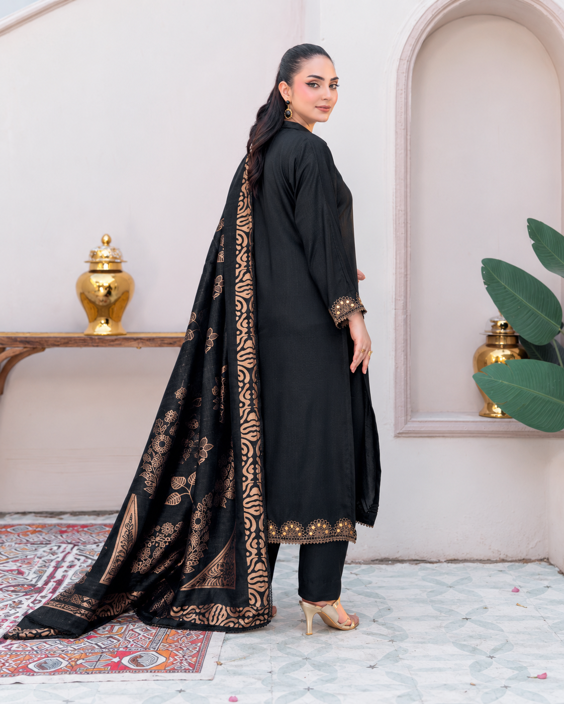 Riaz Arts Deedar Wool Touch Peach Suit with Banarsi Jacquard Wool Shawl