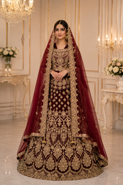 Regal Maroon Net Bridal Lehenga with Handmade Kora Dabka Work