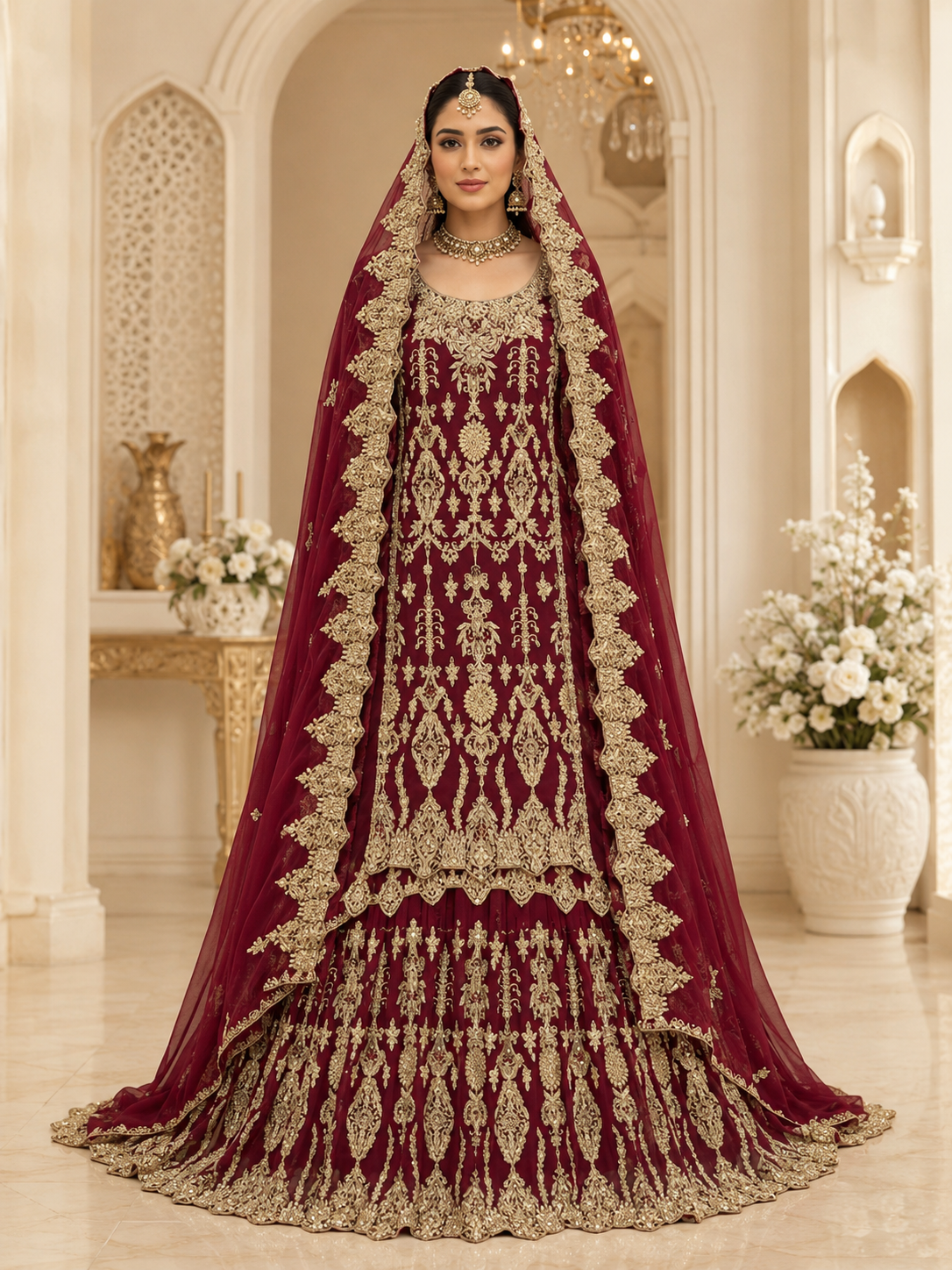 Classic Maroon Silk Bridal Farshi Lehenga with Floral Kora Dabka Work