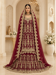 Classic Maroon Silk Bridal Farshi Lehenga with Floral Kora Dabka Work