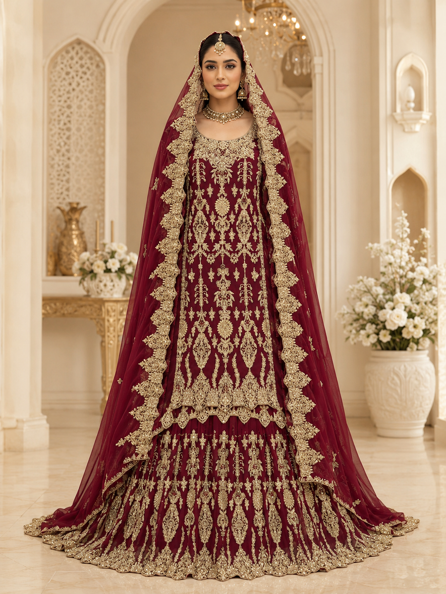 Classic Maroon Silk Bridal Farshi Lehenga with Floral Kora Dabka Work
