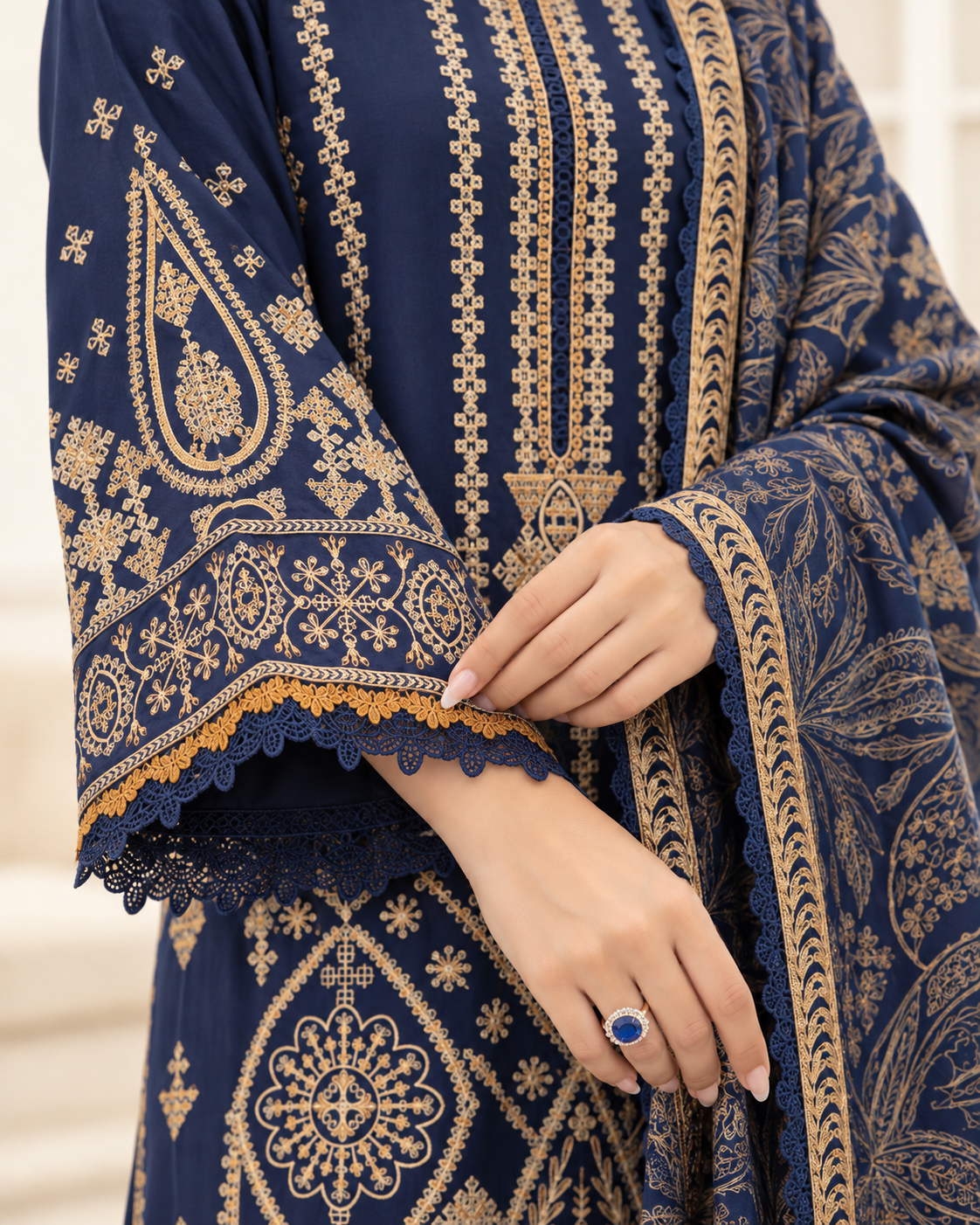 Mahveen by Johra Luxury Winter Embroidered Peach Leather Suit with Wool Shawl