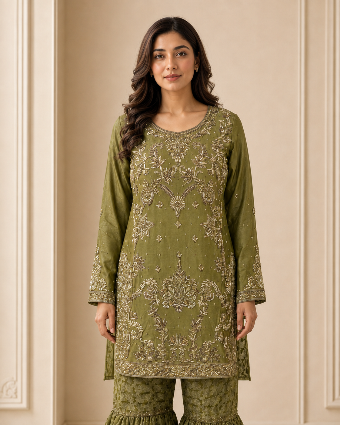 Olive Green Handmade Mehndi Dress Gharara Set