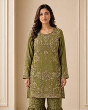 Olive Green Handmade Mehndi Dress Gharara Set