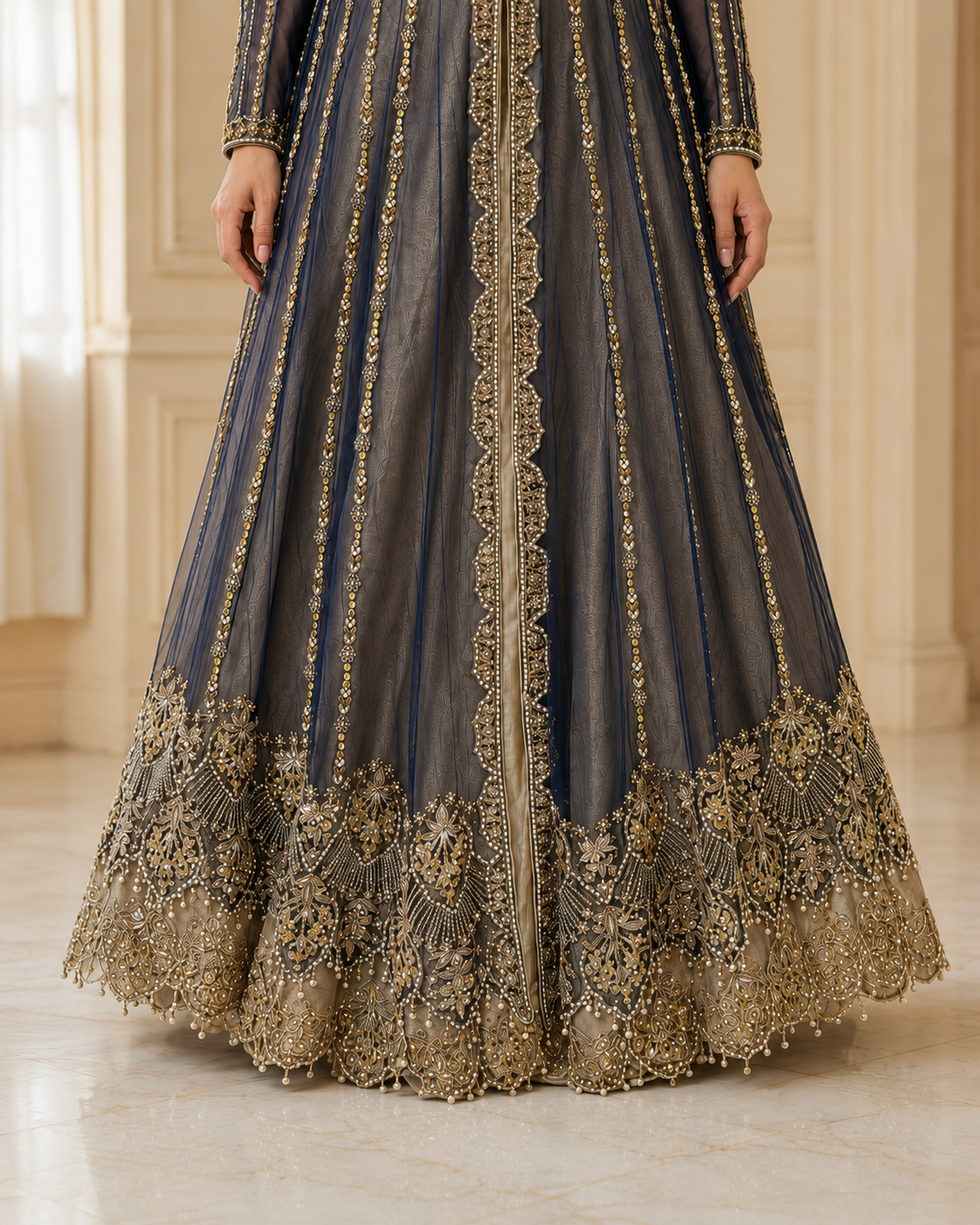 Navy Blue Open-Style Cora Dabka Maxi Dress for Wedding – Ready to Wear