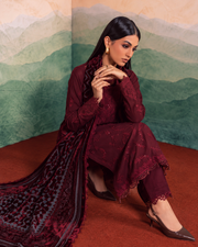 Riaz Arts Exclusive by Daria Embroidered Leather Peach Suit with Velvet Palachi Shawl