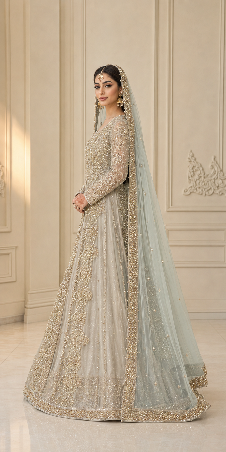 Light Mint Green Open-Style Cora Dabka Wedding Maxi – Ready to Wear