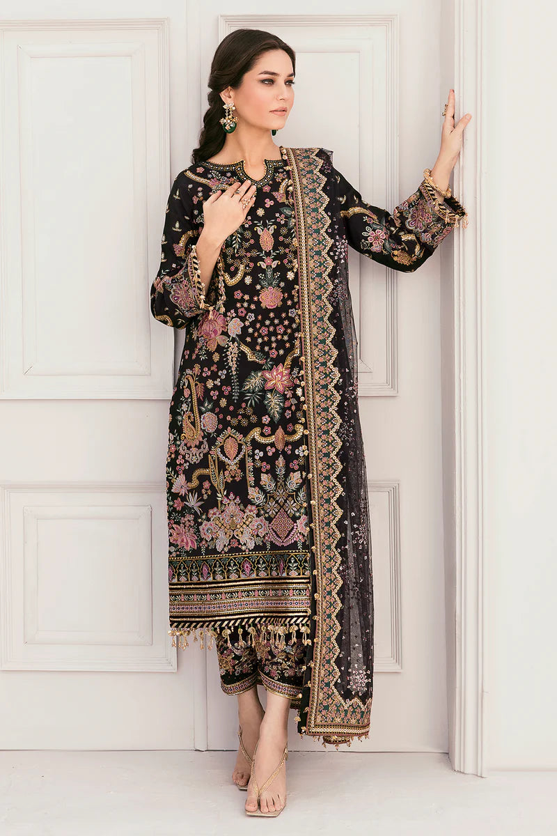 Embroidered Raw Silk & Velvet 9-Piece Unstitched Suit With Organza Patches, Embroidered Net Dupatta & Raw Silk Trousers