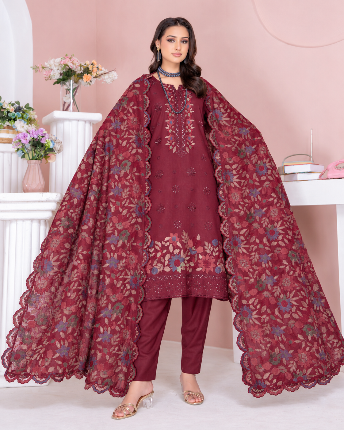 Riaz Arts Kamyar Luxury Winter Embroidered Wool Touch Peach Suit