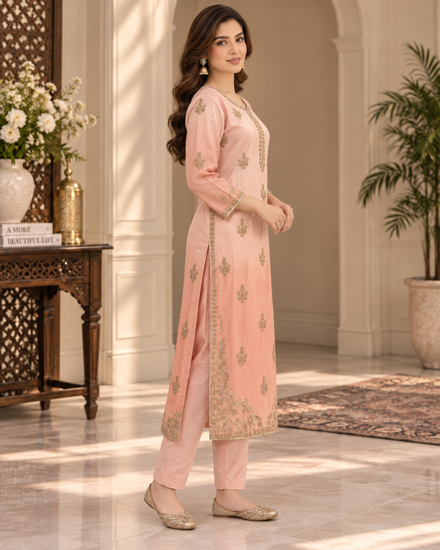 Peach Gold Handworked 3-Piece Ready to Wear Formal Suit