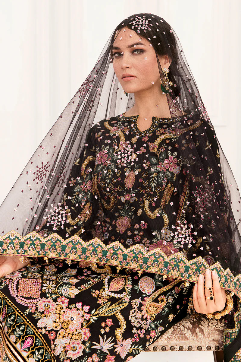 Embroidered Raw Silk & Velvet 9-Piece Unstitched Suit With Organza Patches, Embroidered Net Dupatta & Raw Silk Trousers