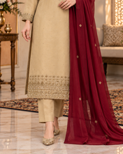 Champagne Beige Handmade Formal Dress with Maroon Dupatta – Ready to Wear