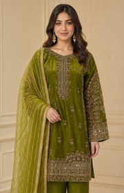 Olive Green Handmade Mehndi Dress Three-Piece Suit