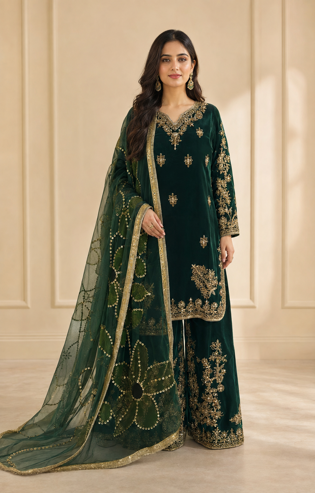 Bottle Green Handmade Mehndi Dress Palazzo Set