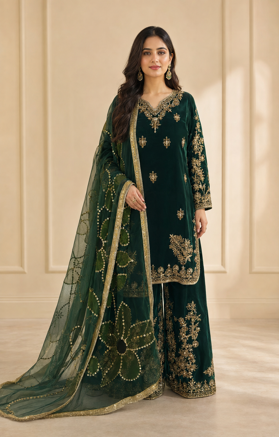 Bottle Green Handmade Mehndi Dress Palazzo Set