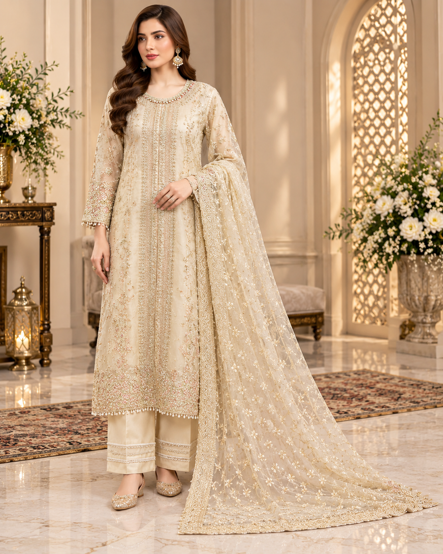 Allys Ivory Organza Embroidered 3-Piece Luxury Formal Suit