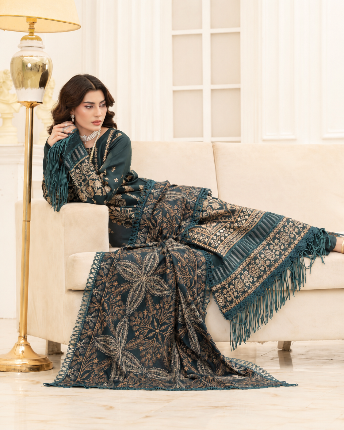 Mahveen by Johra Luxury Winter Embroidered Peach Leather Suit with Wool Shawl