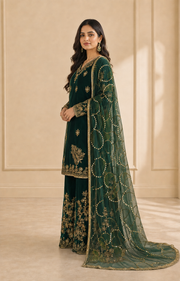 Bottle Green Handmade Mehndi Dress Palazzo Set