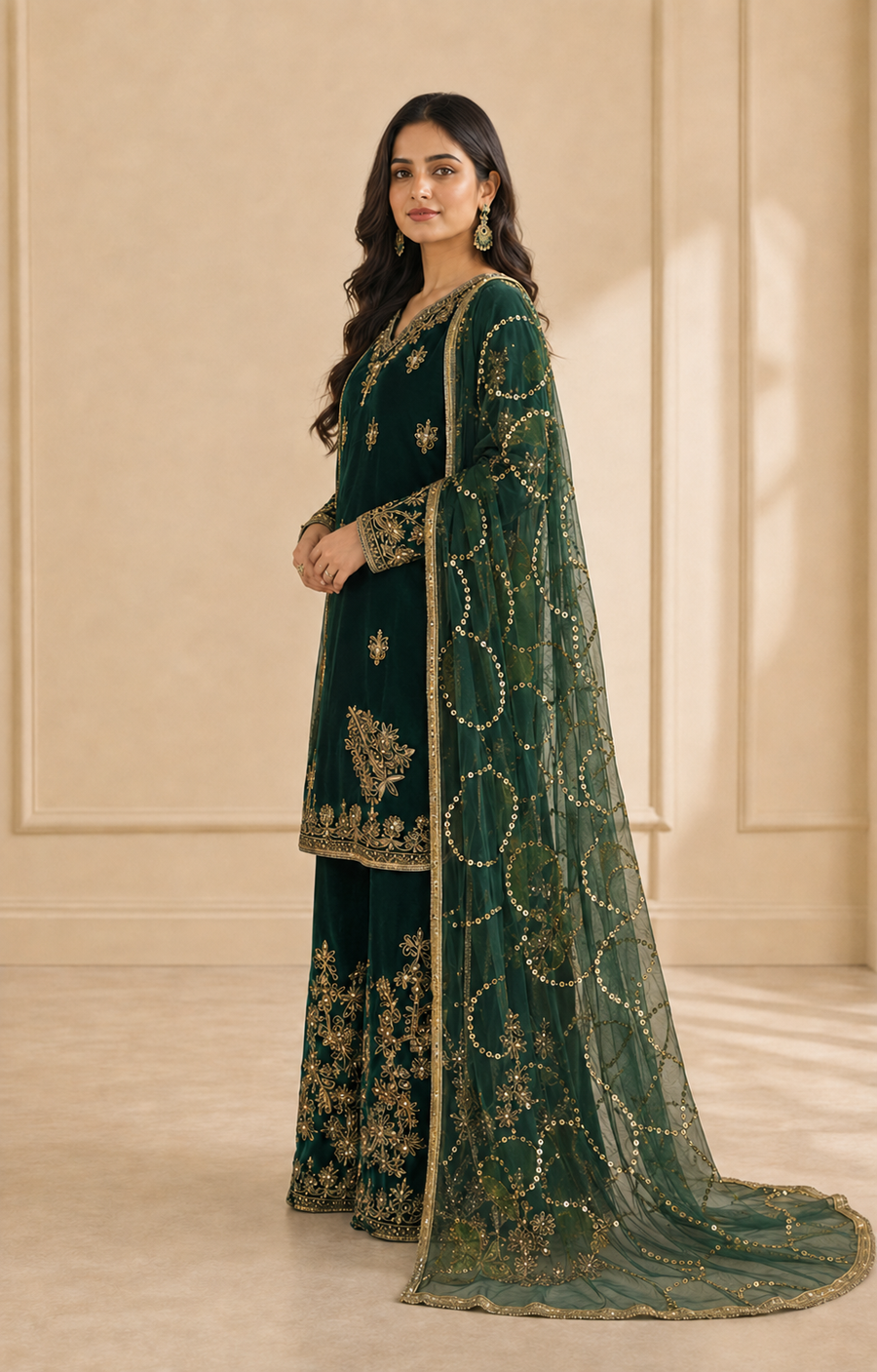 Bottle Green Handmade Mehndi Dress Palazzo Set
