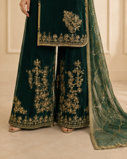 Bottle Green Handmade Mehndi Dress Palazzo Set