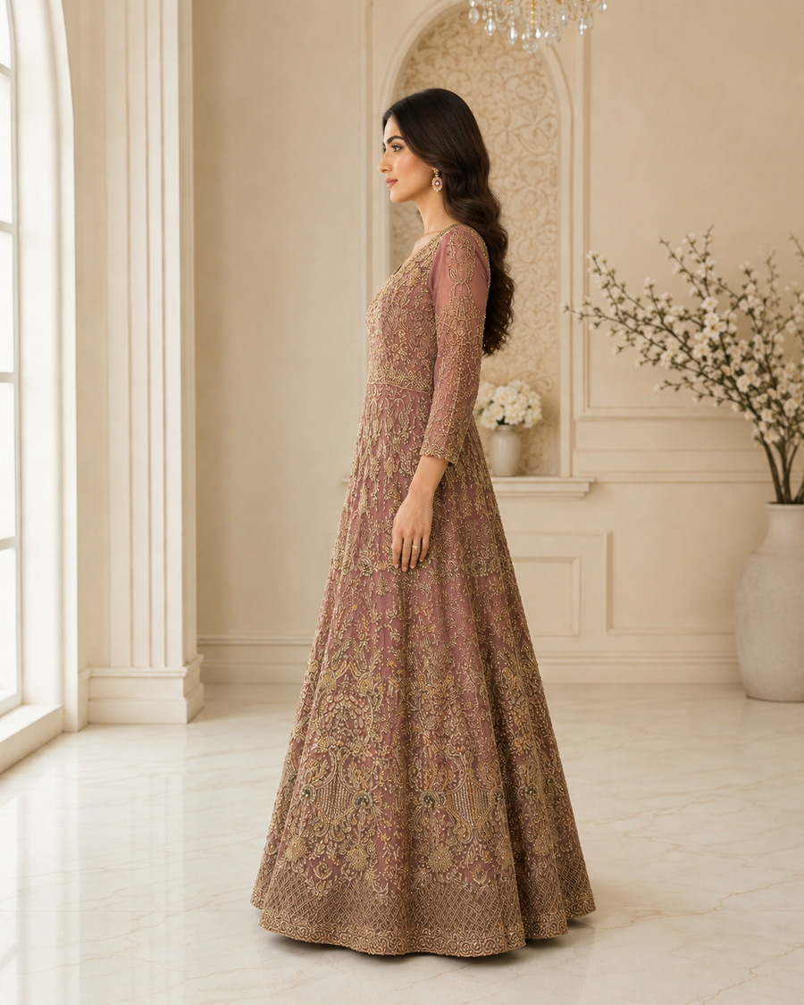 Dusty Mauve Handmade Cora Dabka Maxi Dress for Wedding – Ready to Wear