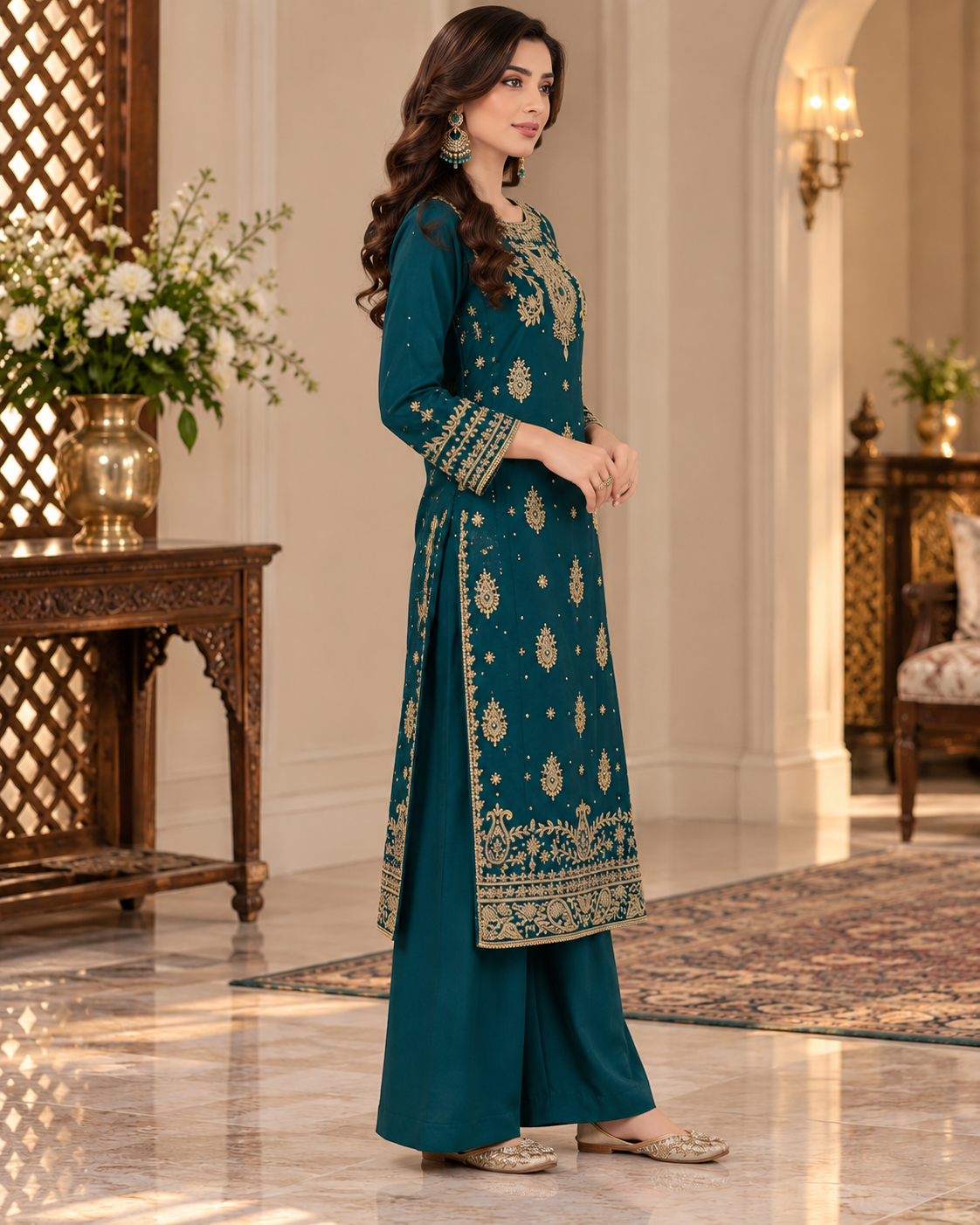 Emerald Teal Handmade Embellished 3-Piece Formal Suit – Ready to Wear