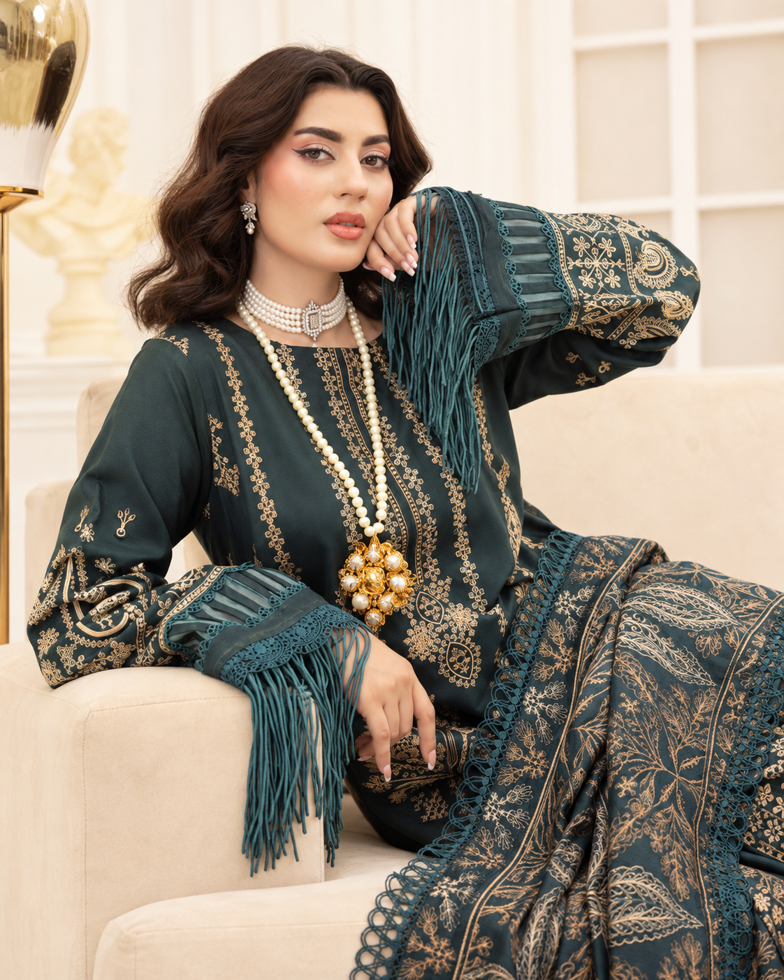 Mahveen by Johra Luxury Winter Embroidered Peach Leather Suit with Wool Shawl