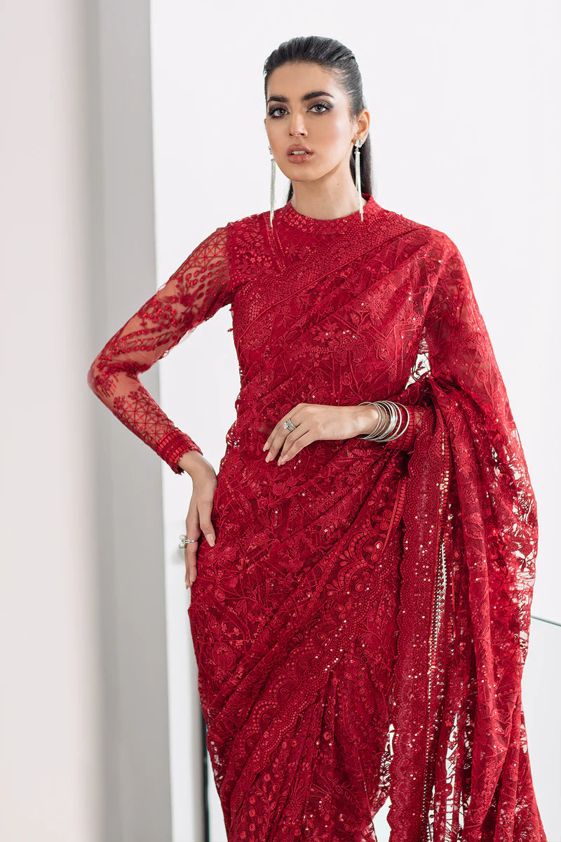 Luxury Embroidered Net Saree with Silk Fabric & Heavy Embellished Borders – Unstitched Designer Wedding Saree
