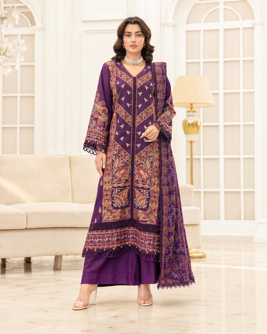 Mahveen by Johra Luxury Winter Embroidered Peach Leather Suit with Wool Shawl